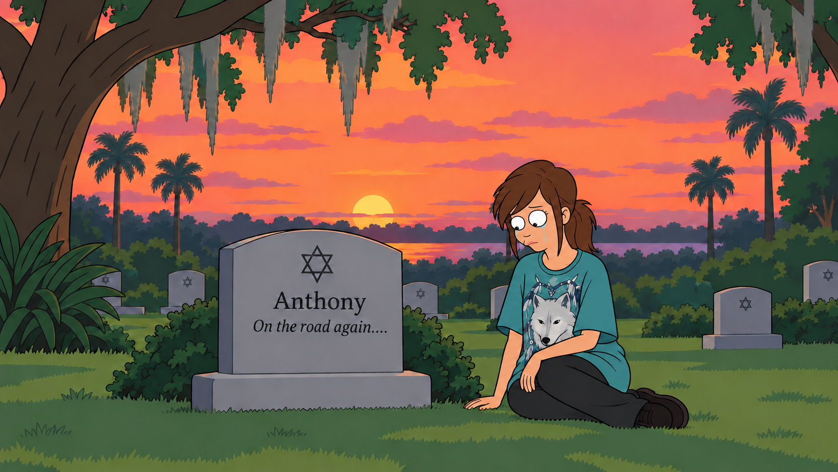 I sit beside my dad’s grave and cry. The headstone reads: On the road again....