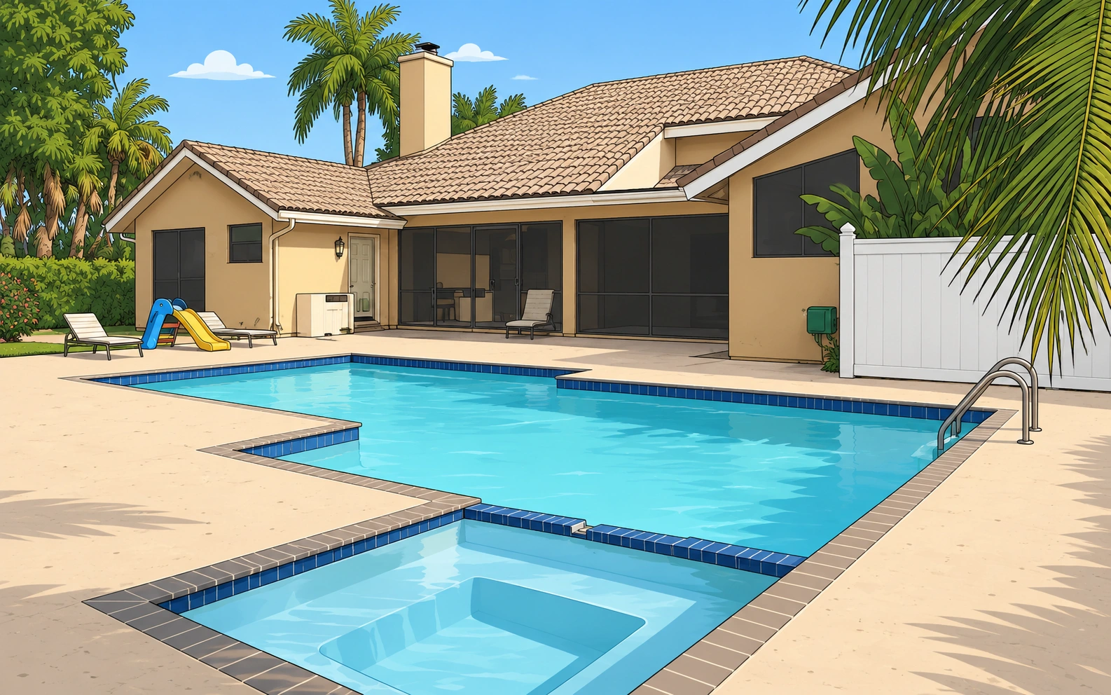 An illustrated backyard: tan house, screened porch, turquoise pool and square spa, palms, a small slide, and white gate.