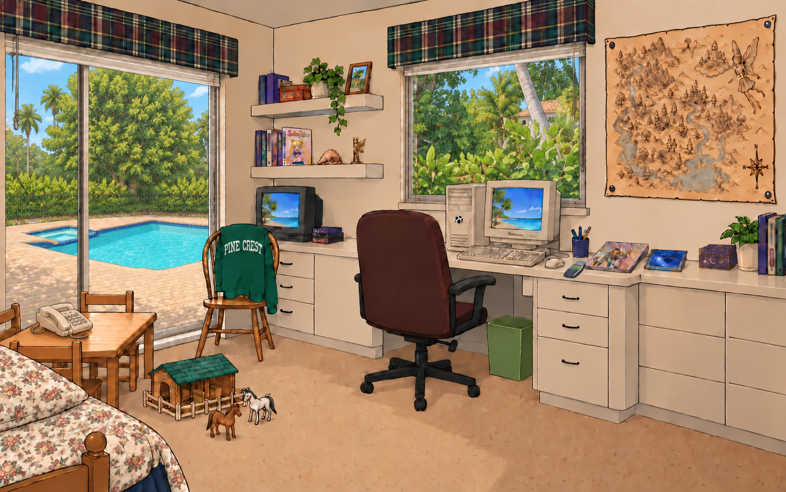 An illustrated family computer room with sliding doors, white blinds and plaid valances, white built-in desk, Gateway desktop with a CRT monitor and tower, green Pine Crest sweatshirt, toy horse farm, floral bed, Enya CD, FRUiTS magazine, and Fairyland map.