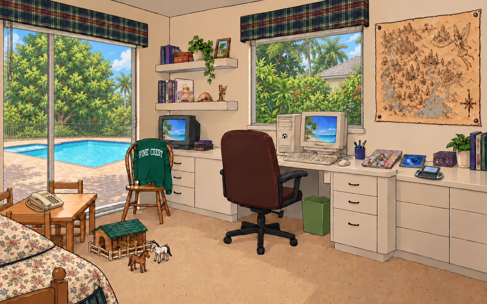An illustrated family computer room with sliding doors, white blinds and plaid valances, white built-in desk, Gateway desktop with a CRT monitor and tower, green Pine Crest sweatshirt, toy horse farm, floral bed, Enya CD, FRUiTS magazine, and Fairyland map.