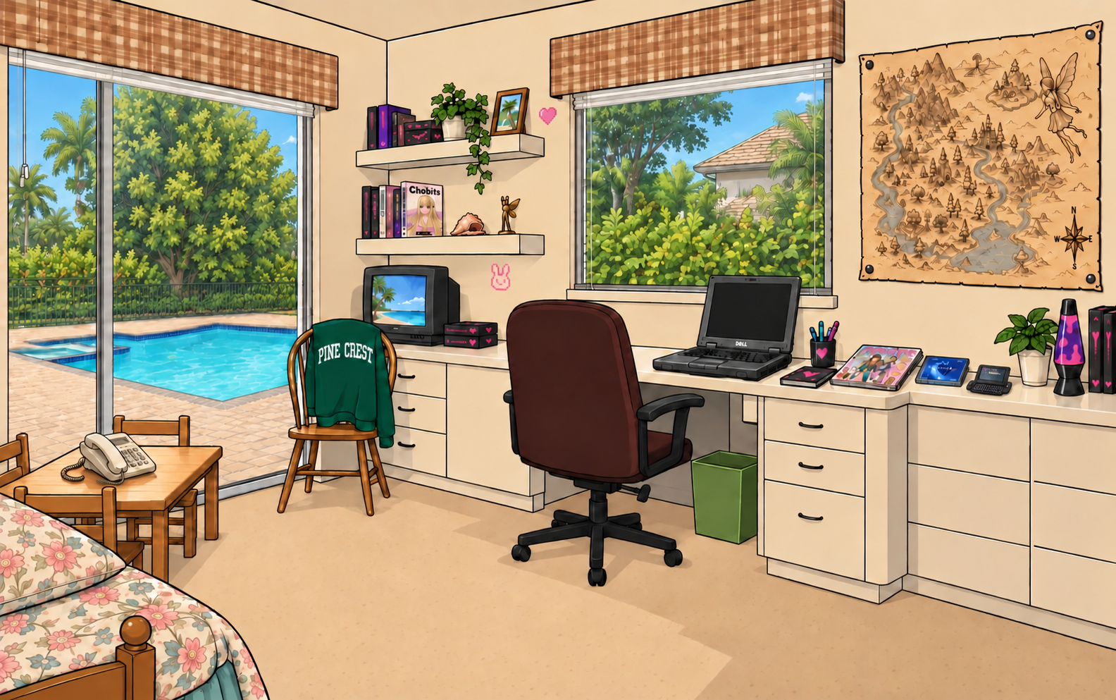 An illustrated family computer room with sliding doors, white blinds and plaid valances, white built-in desk, Dell laptop, green Pine Crest sweatshirt, pink-and-black notebooks, floral bed, Enya CD, FRUiTS magazine, and Fairyland map.