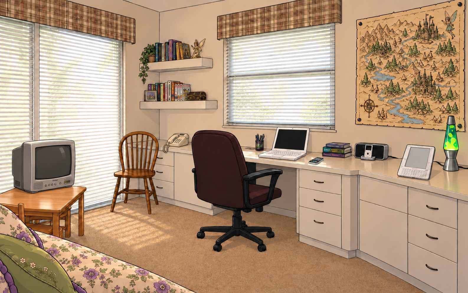 A glossy browser-game illustration of a teen bedroom with a floral bed, white MacBook, first-generation Kindle displaying Interview with the Vampire, one lava lamp, palm sunset, and Fairyland map.