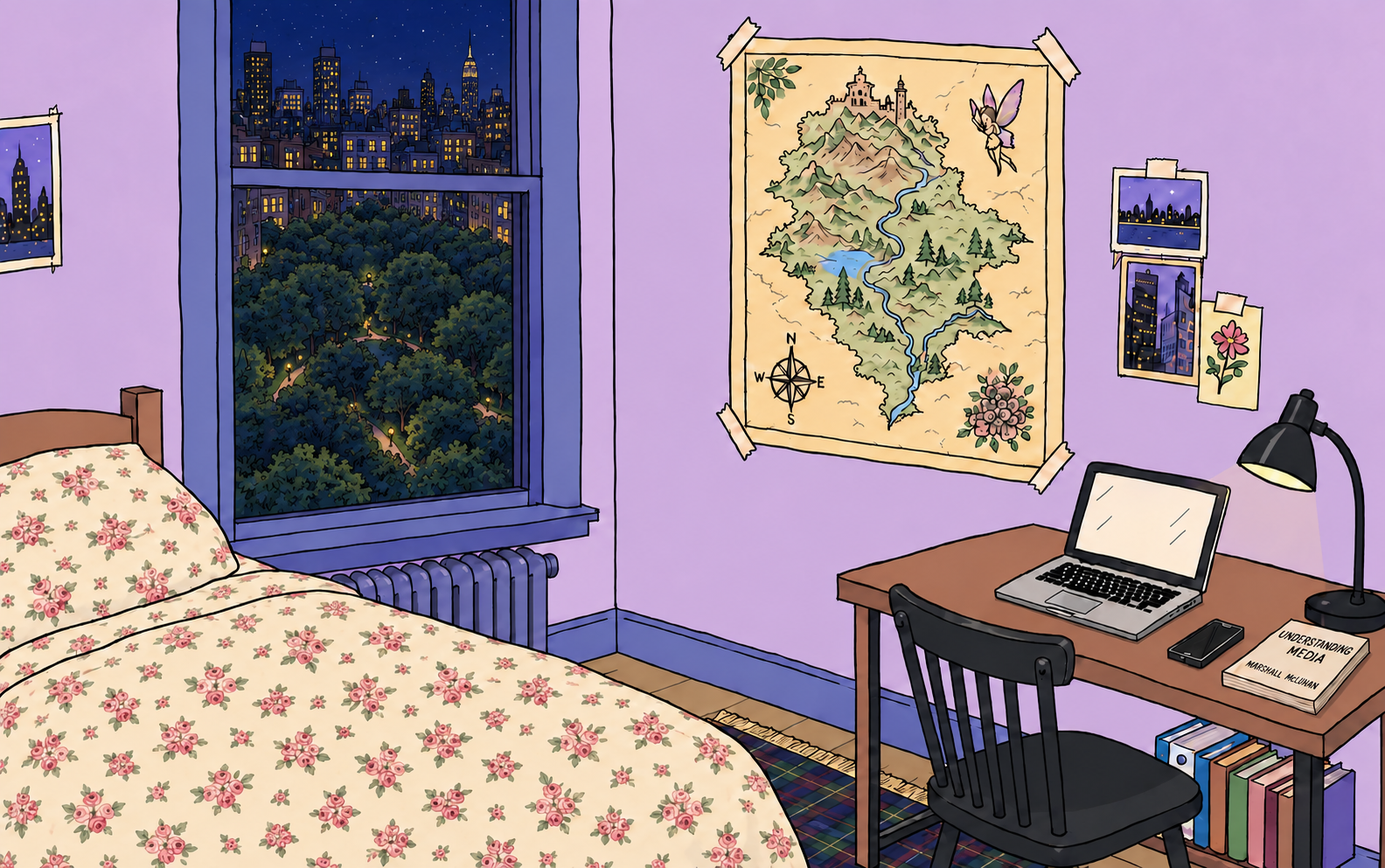 My high-rise bedroom overlooking Gramercy Park, with a floral bed, 2012 laptop, smartphone, books, radiator and Fairyland map.