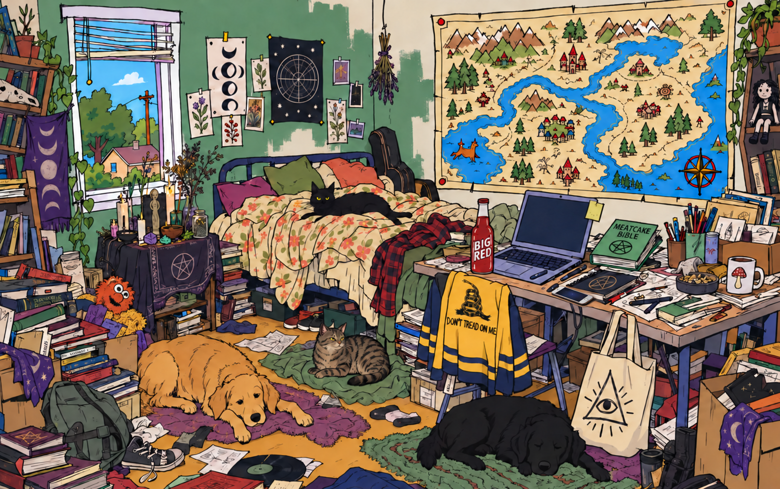 A loose-ink, flat-color cartoon illustration of a cheap, kitschy hoarder-house bedroom with a Laura Ashley-style floral bed, 2017 laptop, folding table, live-oak view, occult books and papers, Meatcake Bible, a Brave New Books eye-in-triangle tote, a yellow Don't Tread on Me sweater, a bottle of Big Red, and Fairyland map.