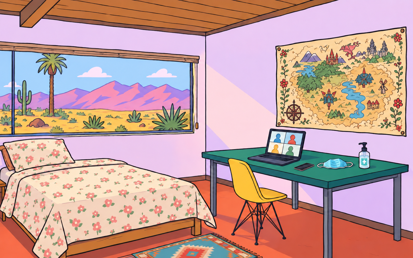 A flat-color cartoon desert house during COVID lockdown with a floral bed, laptop video call, cloth mask, sanitizer, cactus, mountain view, and Fairyland map.