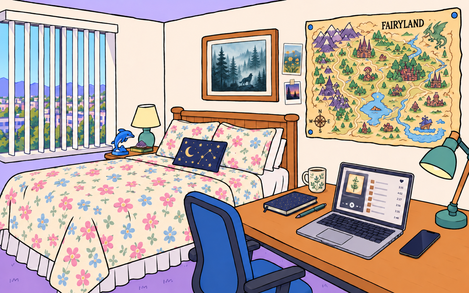 A loose-ink cartoon illustration of an apartment bedroom with a floral bed, dolphin figurine, woodland wolf print, celestial pillow, books and postcards, MacBook facing its desk chair, vertical blinds, low hills, and Fairyland map.
