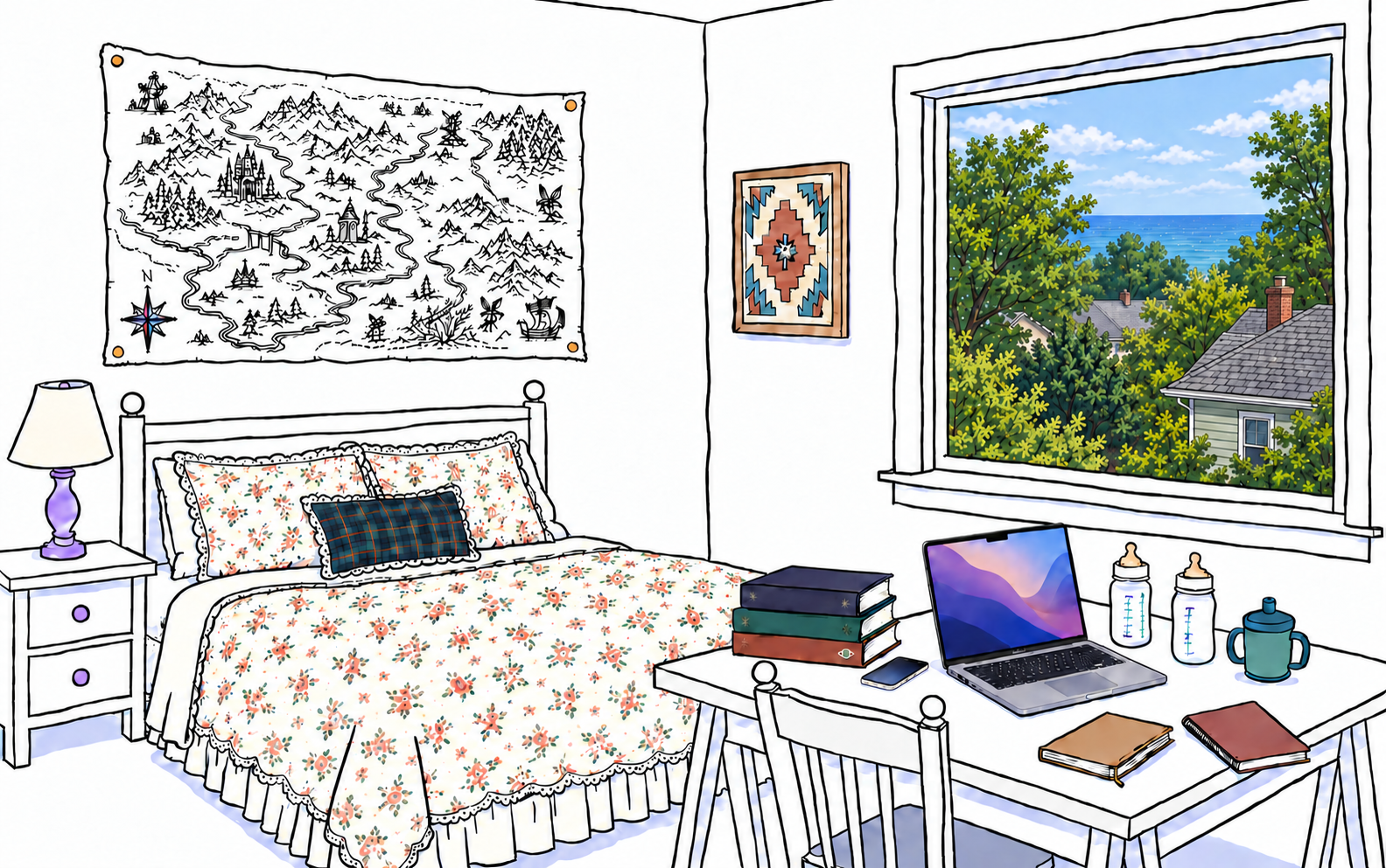 My room in a Rogers Park house, with a floral bed, MacBook, two baby bottles, one sippy cup, occult books, two notebooks, Lake Michigan beyond the window, Southwest accent and Fairyland map.