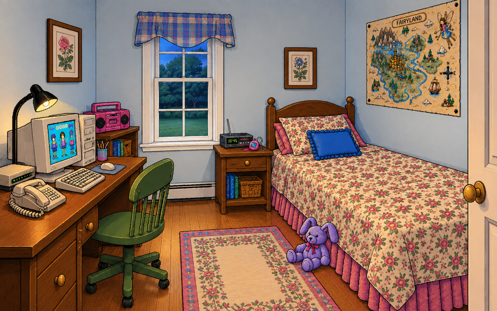 My New England bedroom with white sash windows, a leafy garden view, floral bed, paper dolls on the CRT, pink boombox, radio, Tamagotchi and Fairyland map.