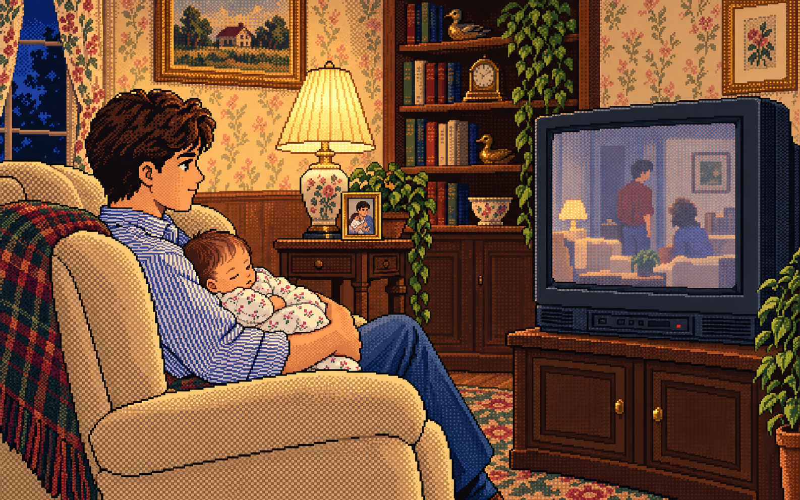 Dad sits in an armchair turned toward the television, holding me asleep against his chest. The floral room and both of us are drawn in PC-98-style pixel art.